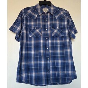 ARIAT Retro Fit Short Sleeve Pearl Snap Western Cowboy Shirt Men's L Blue Plaid